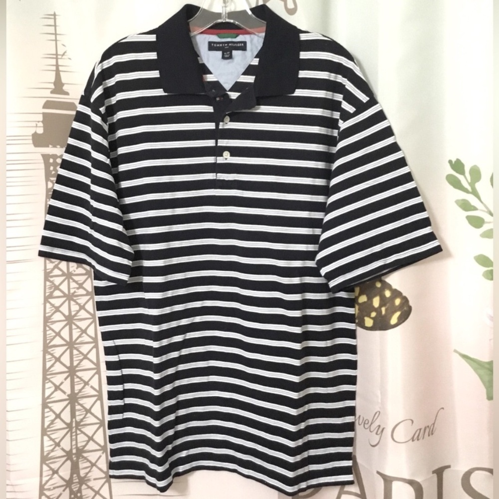 TOMMY HILFIGER Men Striped Polo Neck Pure Cotton Navy Blue T-Shirt~Size XL